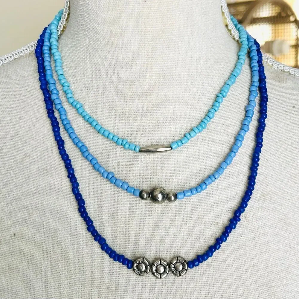 Handcrafted Set of 3 Blue Turquoise Silver Beads Necklaces
